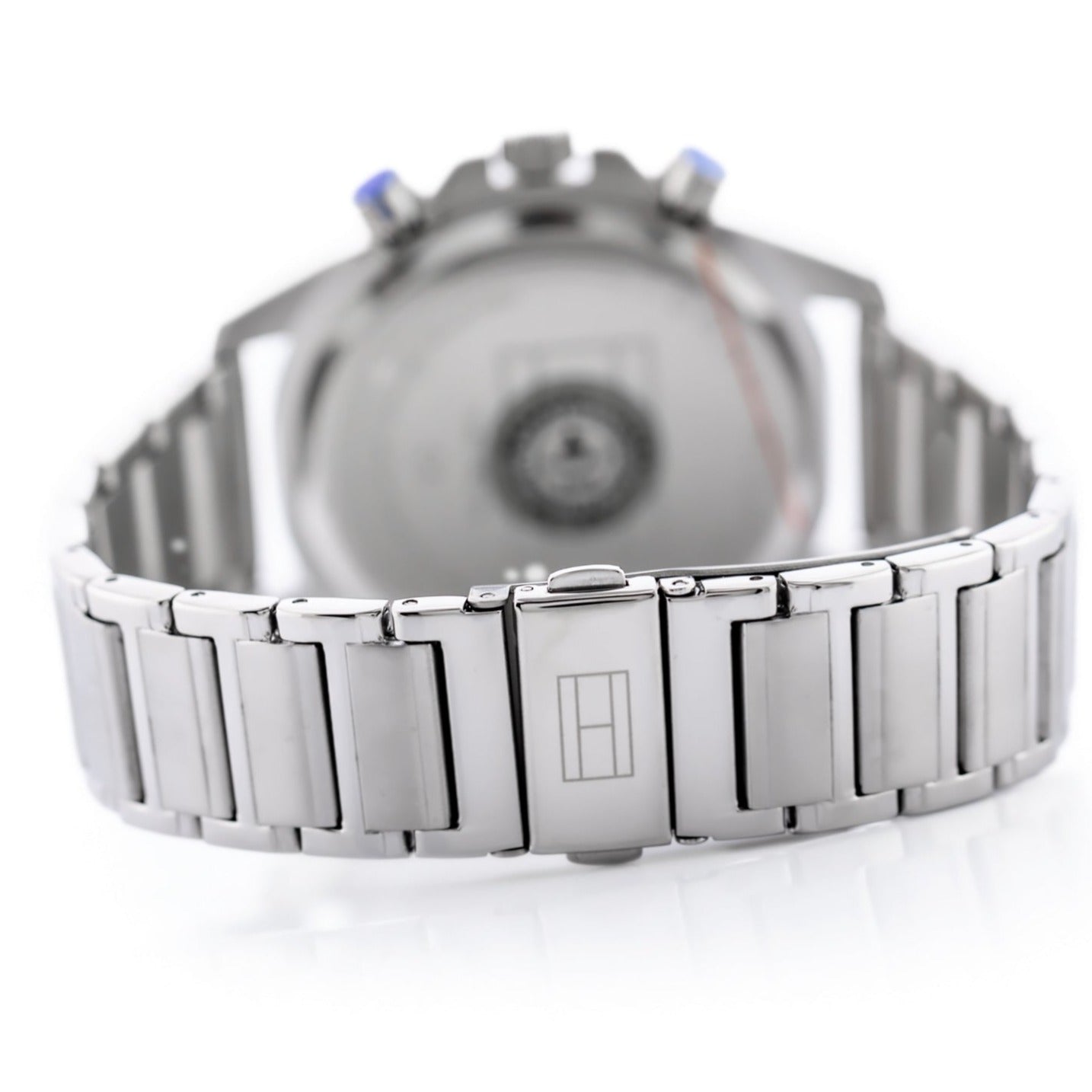 Tommy Hilfiger Mason watch caseback showing silver steel bracelet and clasp detail
