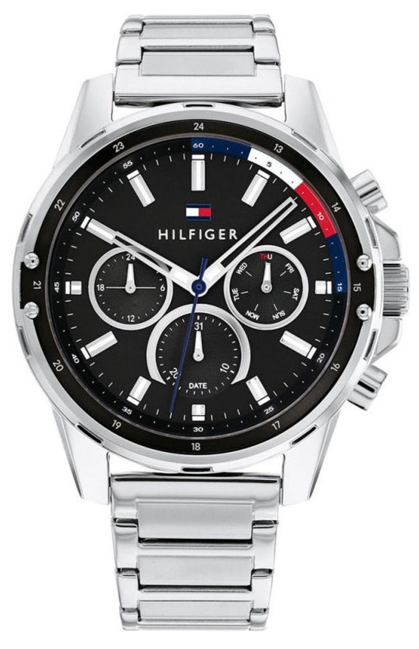 Tommy Hilfiger Mason multifunction chronograph watch with black dial and silver steel bracelet