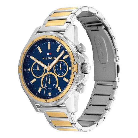 Tommy Hilfiger Mason chronograph watch from side angle showing two-tone steel and gold strap