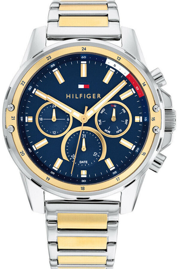 Tommy Hilfiger Mason chronograph watch with blue dial and two-tone steel and gold strap