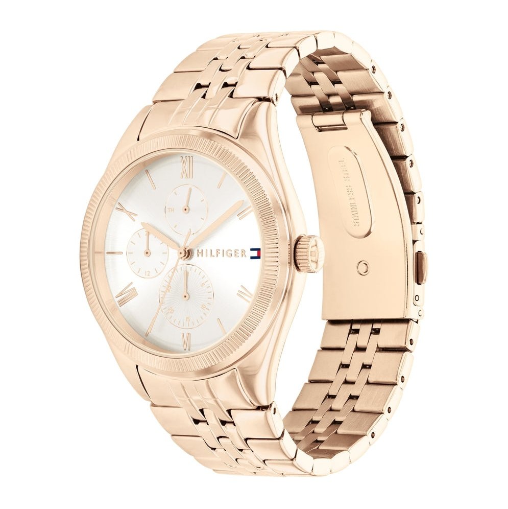 Tommy Hilfiger Monica watch shown from side angle with rose gold bracelet and case