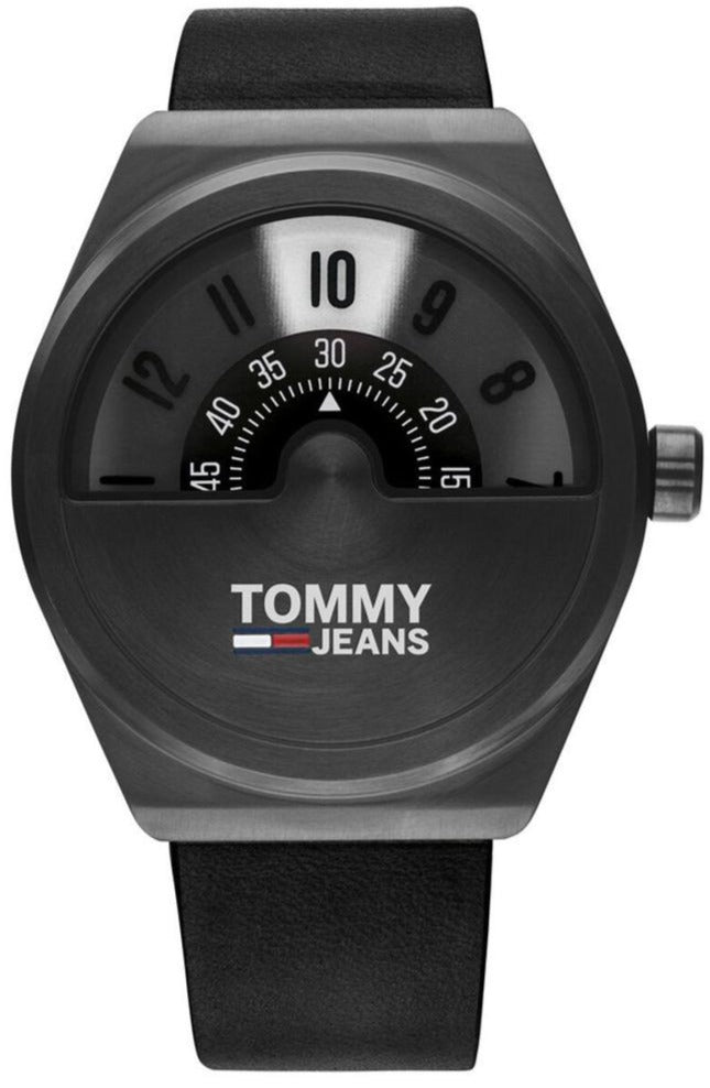 Tommy Hilfiger Monogram Pop black men's watch with distinctive dial and black leather strap
