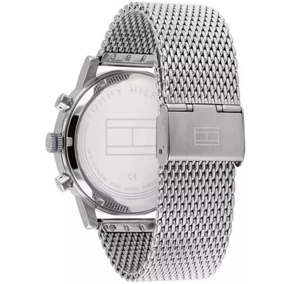 Transparent caseback of Tommy Hilfiger chronograph showing watch mechanism
