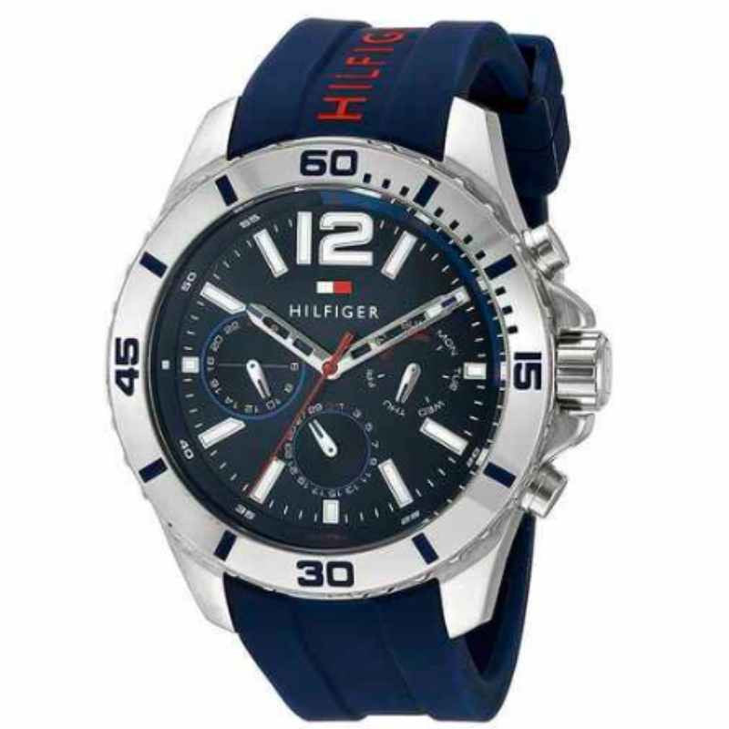 Tommy Hilfiger Nolan chronograph watch three-quarter view showing blue strap and dial