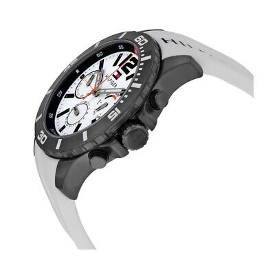 Side view of Tommy Hilfiger Nolan watch displaying case profile and white strap