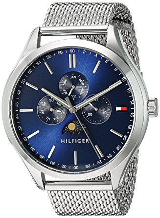 Tommy Hilfiger Oliver men's watch at angle showing blue dial with moon phase and three chronograph subdials