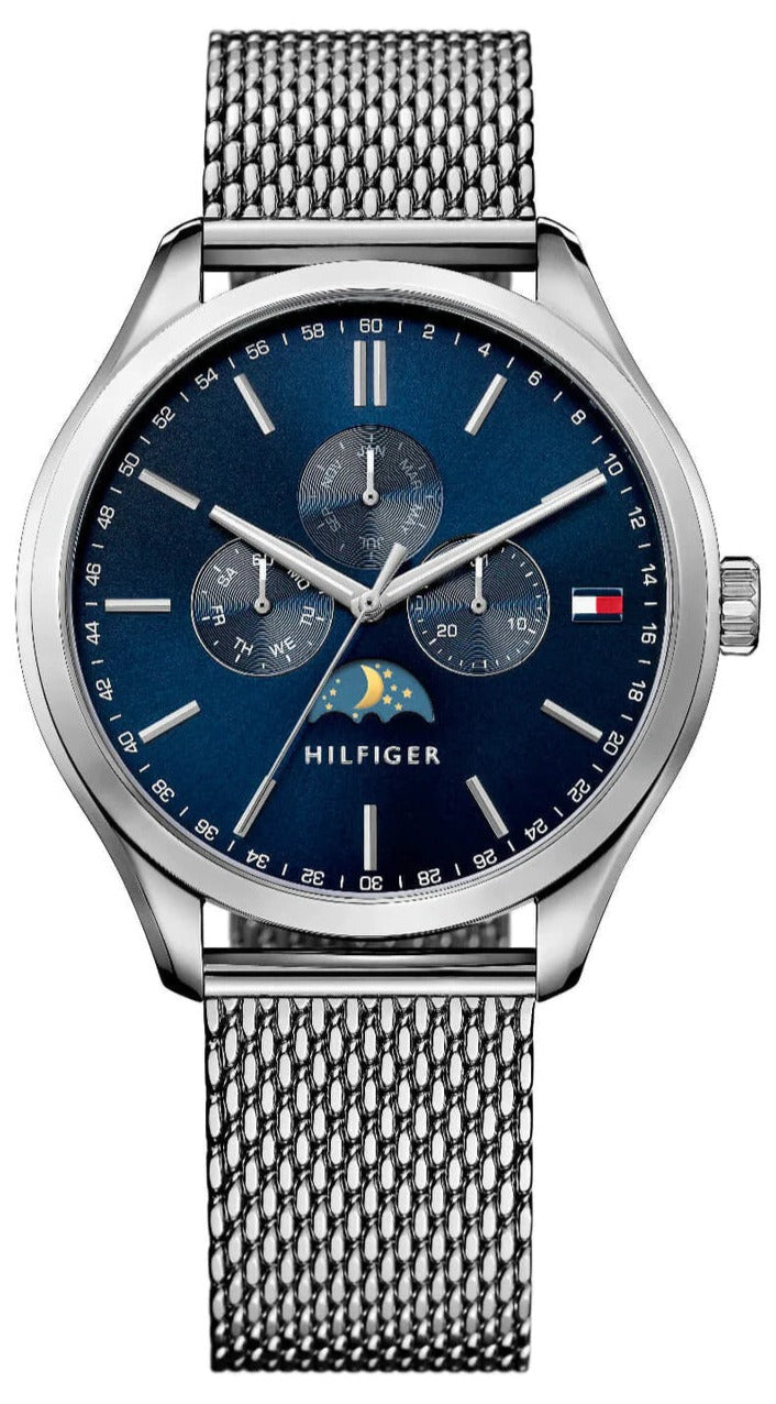 Tommy Hilfiger Oliver watch with blue chronograph dial and silver mesh bracelet, front view