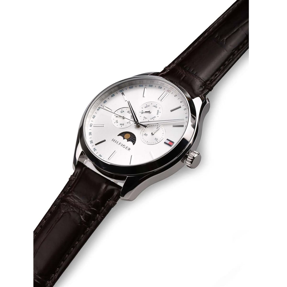 Tommy Hilfiger Oliver men's multifunction watch with brown leather strap on white background