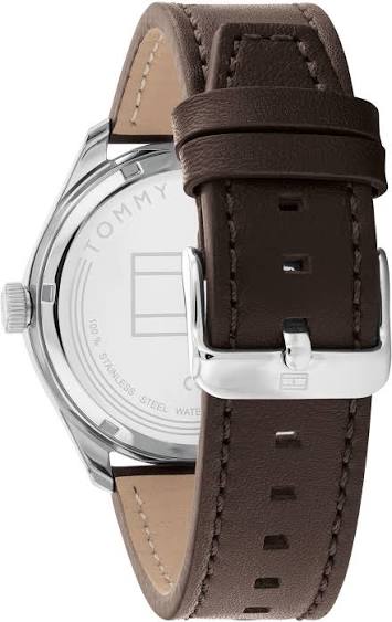 Brown leather strap and caseback detail of Tommy Hilfiger Oliver automatic watch