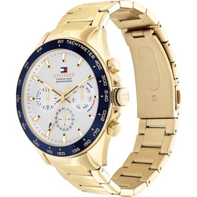 Tommy Hilfiger Owen gold chronograph watch shown from front and side angle with gold bracelet