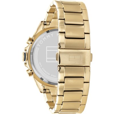 Tommy Hilfiger Owen gold chronograph watch shown from side with gold metal bracelet