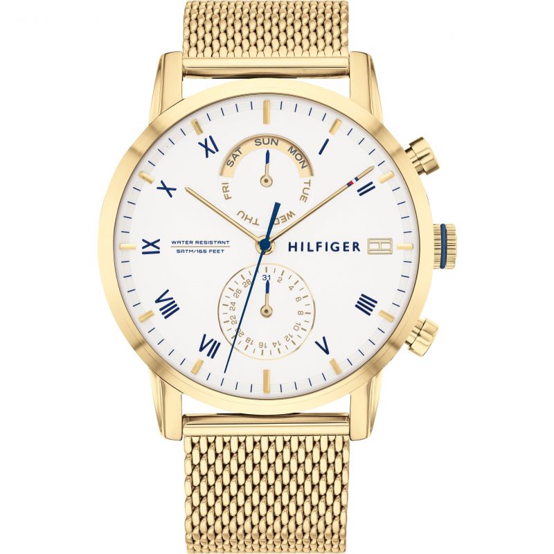 Tommy Hilfiger gold chronograph watch with white Roman numeral dial and mesh strap