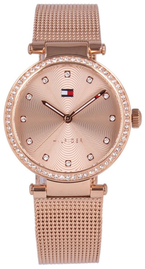 Tommy Hilfiger rose gold women's watch with crystal bezel and mesh strap, round dial