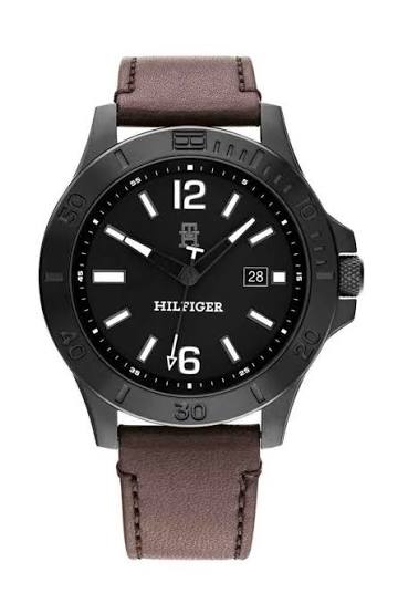 Tommy Hilfiger RYAN black analog watch with date window and brown leather strap