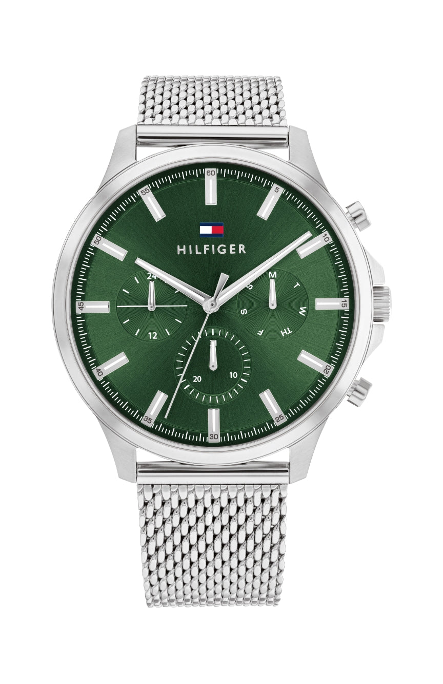 Tommy Hilfiger Ryder green dial chronograph watch with silver mesh strap