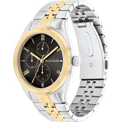 Side angle view of Serein watch showing two-tone bracelet with silver and gold links