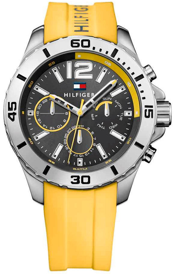 Tommy Hilfiger Shawn men's watch with black dial, yellow accents, silver case and yellow silicone strap