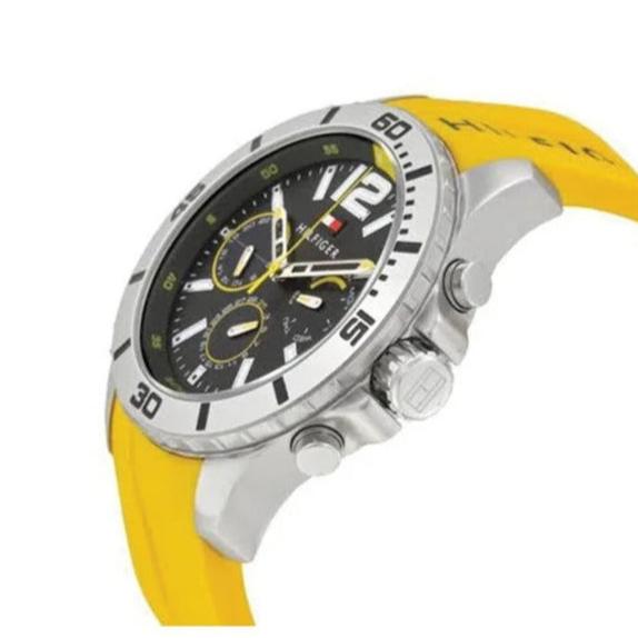 Side profile of Tommy Hilfiger Shawn watch showing chronograph pushers and yellow silicone band
