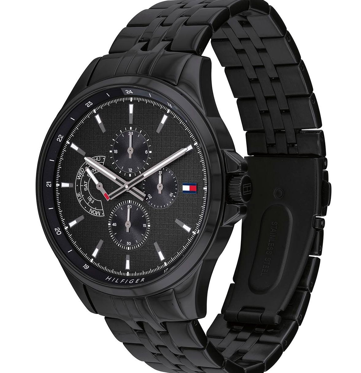 Tommy Hilfiger Shawn watch side angle showing black steel bracelet and case