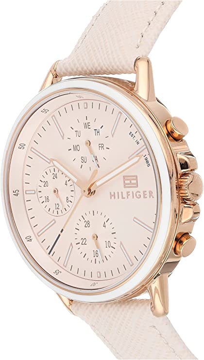 Tommy Hilfiger Sport chronograph watch side view showing rose gold case and white strap