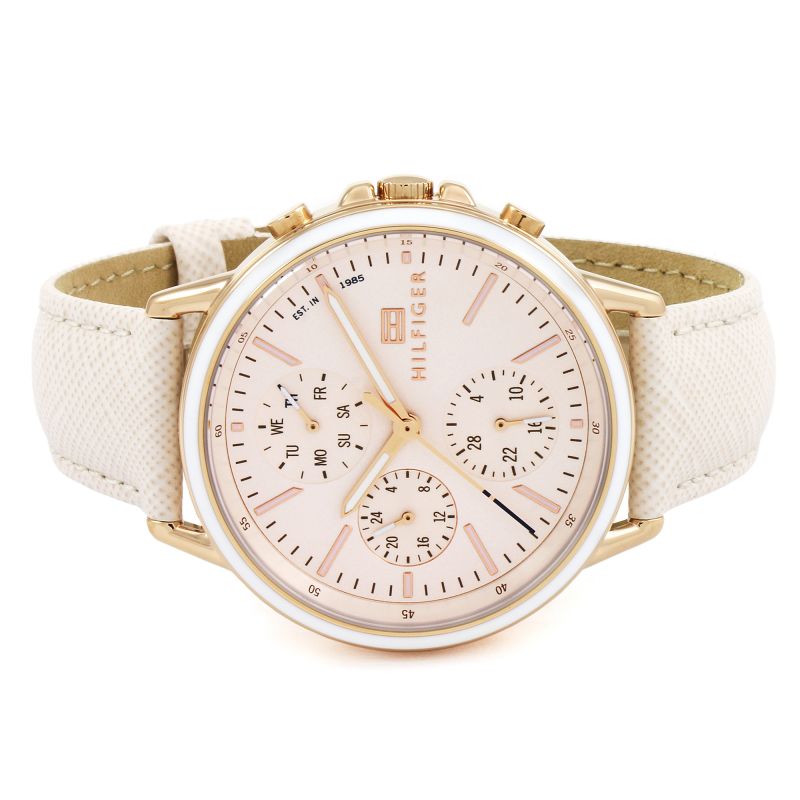 Tommy Hilfiger Sport 1781789 chronograph with pink dial, rose gold case, and white strap