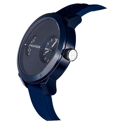 Tommy Hilfiger Sport men's watch with blue dial and strap, side view showing crown