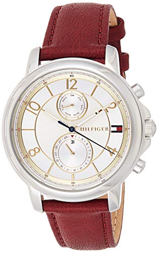 Three-quarter view of Tommy Hilfiger Sport Lux chronograph watch with white dial and dual subdials