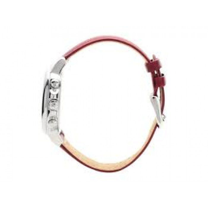 Flat lay view of Tommy Hilfiger Sport Lux women's watch with burgundy leather strap