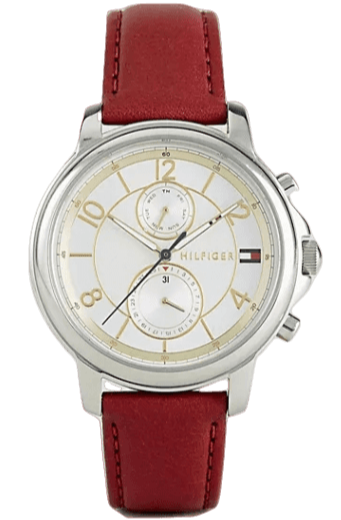 Tommy Hilfiger Sport Lux women's chronograph watch with silver case and burgundy leather strap