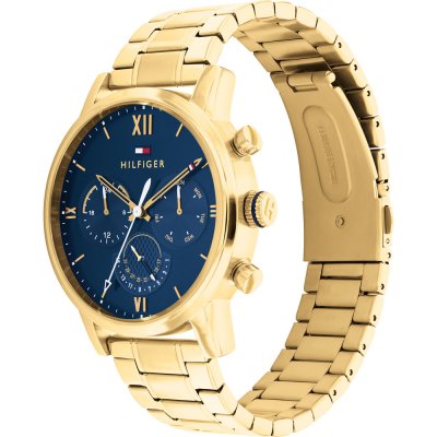Gold-tone Tommy Hilfiger Sullivan watch from angled view showing case and bracelet