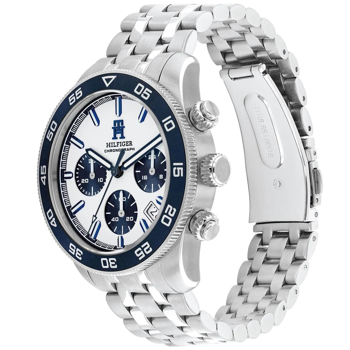 Side angle view of Tommy Hilfiger TH85 chronograph with stainless steel bracelet