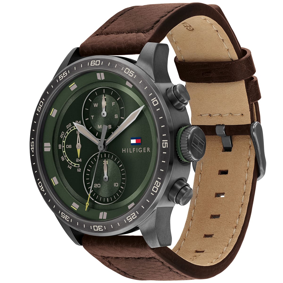 Tommy Hilfiger Trent watch three-quarter view showing green dial and brown leather strap