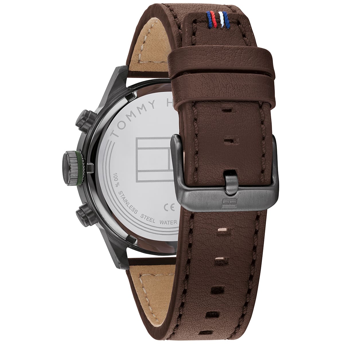 Tommy Hilfiger Trent watch case back with stainless steel display back and leather strap detail