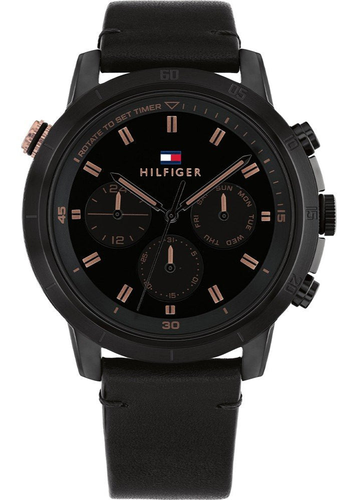 Tommy Hilfiger Troy chronograph watch with black dial and rose gold accents on black leather strap