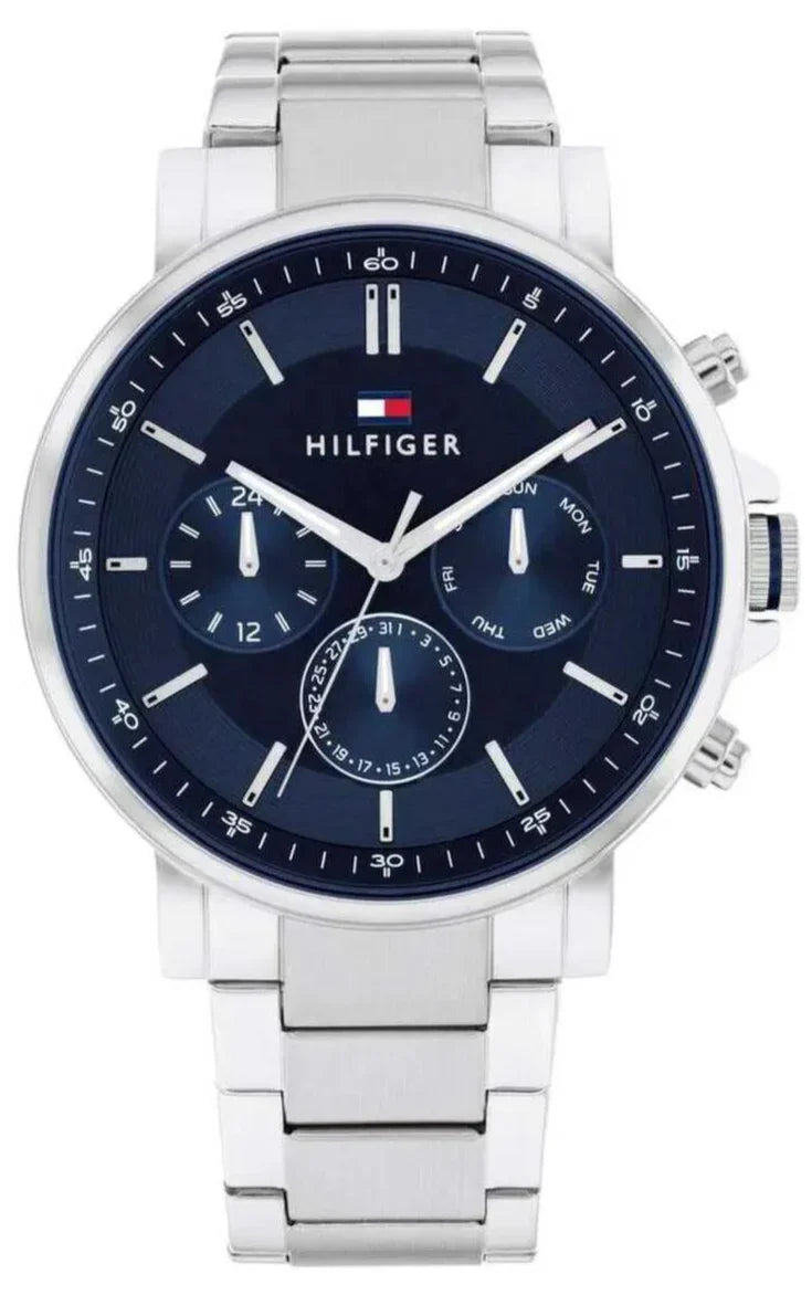 Tommy Hilfiger Tyson chronograph watch with blue dial and silver steel bracelet