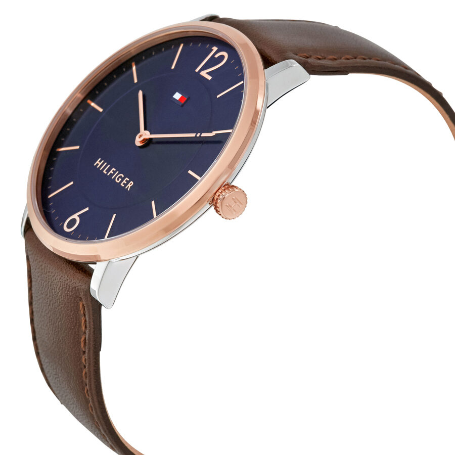 Tommy Hilfiger Ultra Slim watch angled view showing blue dial and brown leather strap