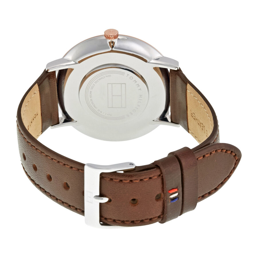 Tommy Hilfiger Ultra Slim watch caseback showing brown leather strap with buckle