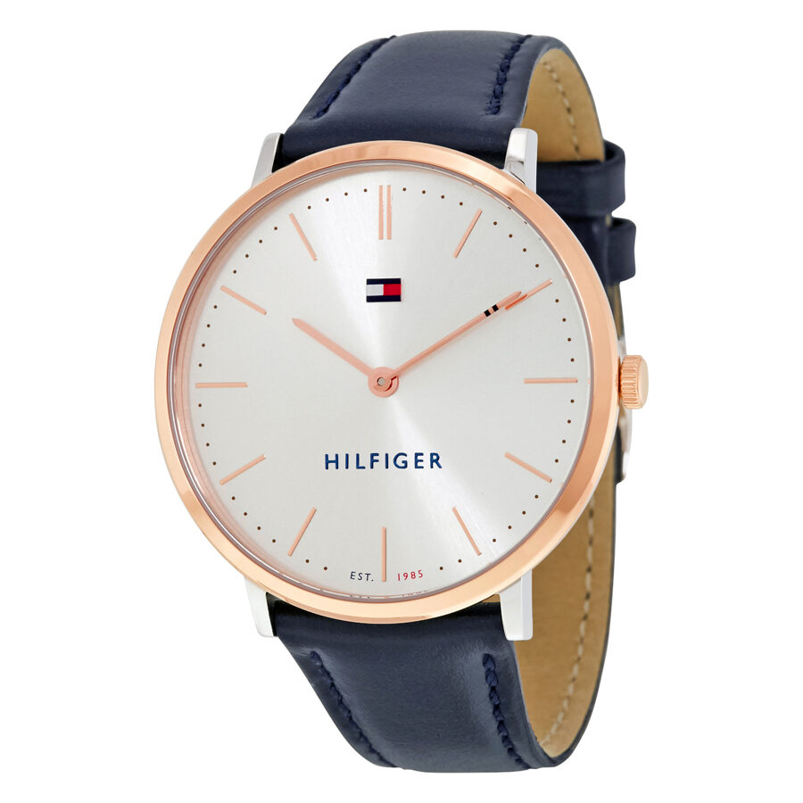 Tommy Hilfiger Ultra Slim white dial ladies watch with rose gold case and navy leather strap
