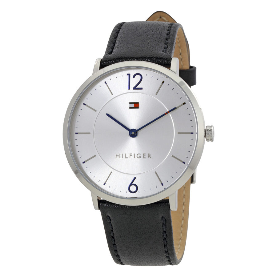 Tommy Hilfiger ultra slim silver dial men's watch with black leather strap