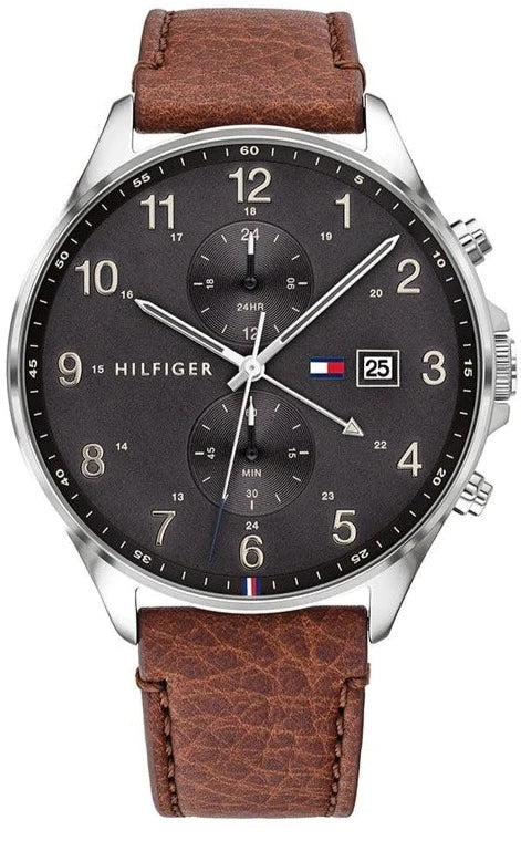 Tommy Hilfiger West men's chronograph watch with black dial and brown leather strap