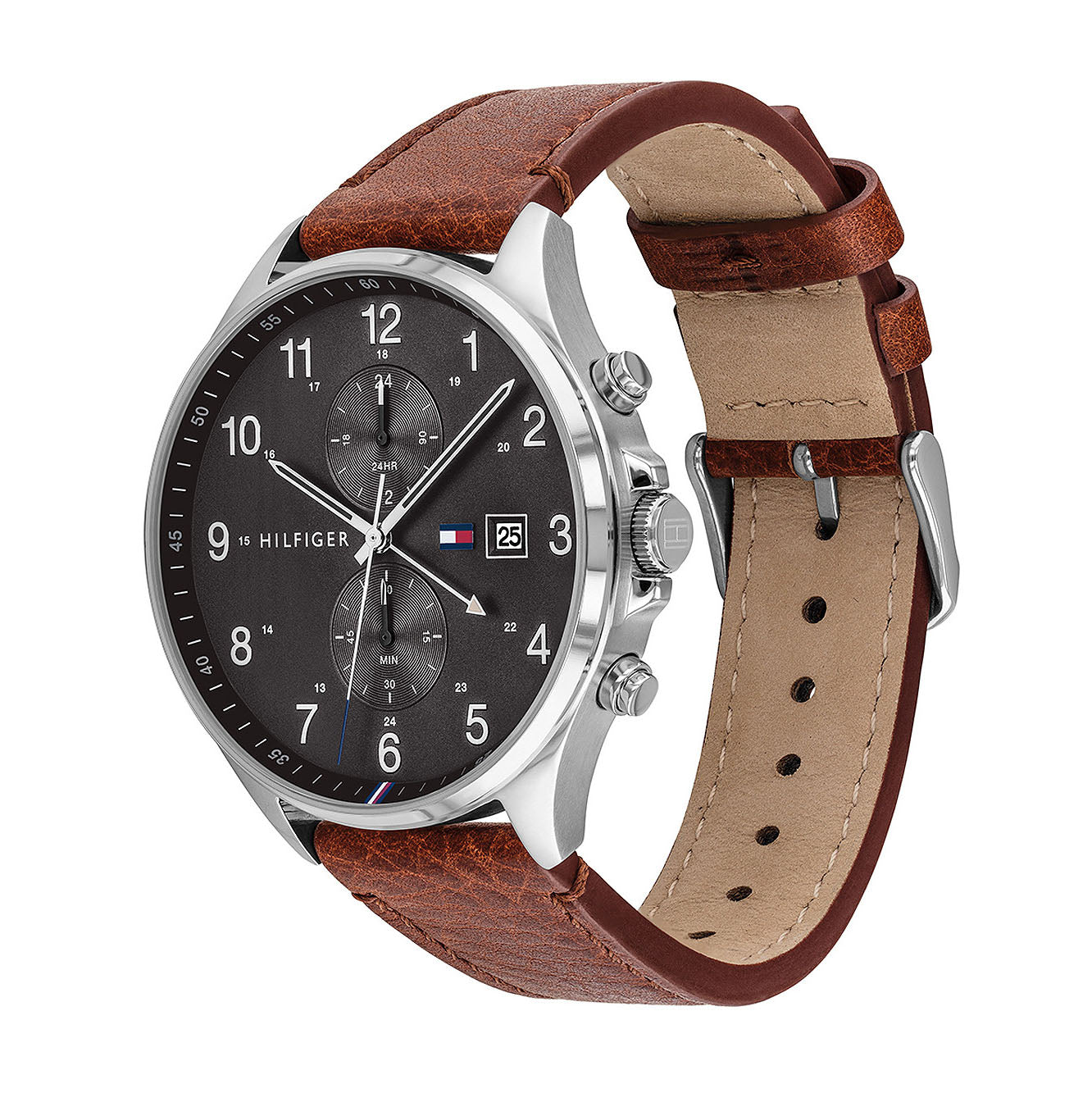 Tommy Hilfiger West watch side view showing stainless steel case and brown leather strap
