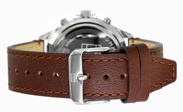 Tommy Hilfiger West watch brown leather strap with stainless steel buckle detail