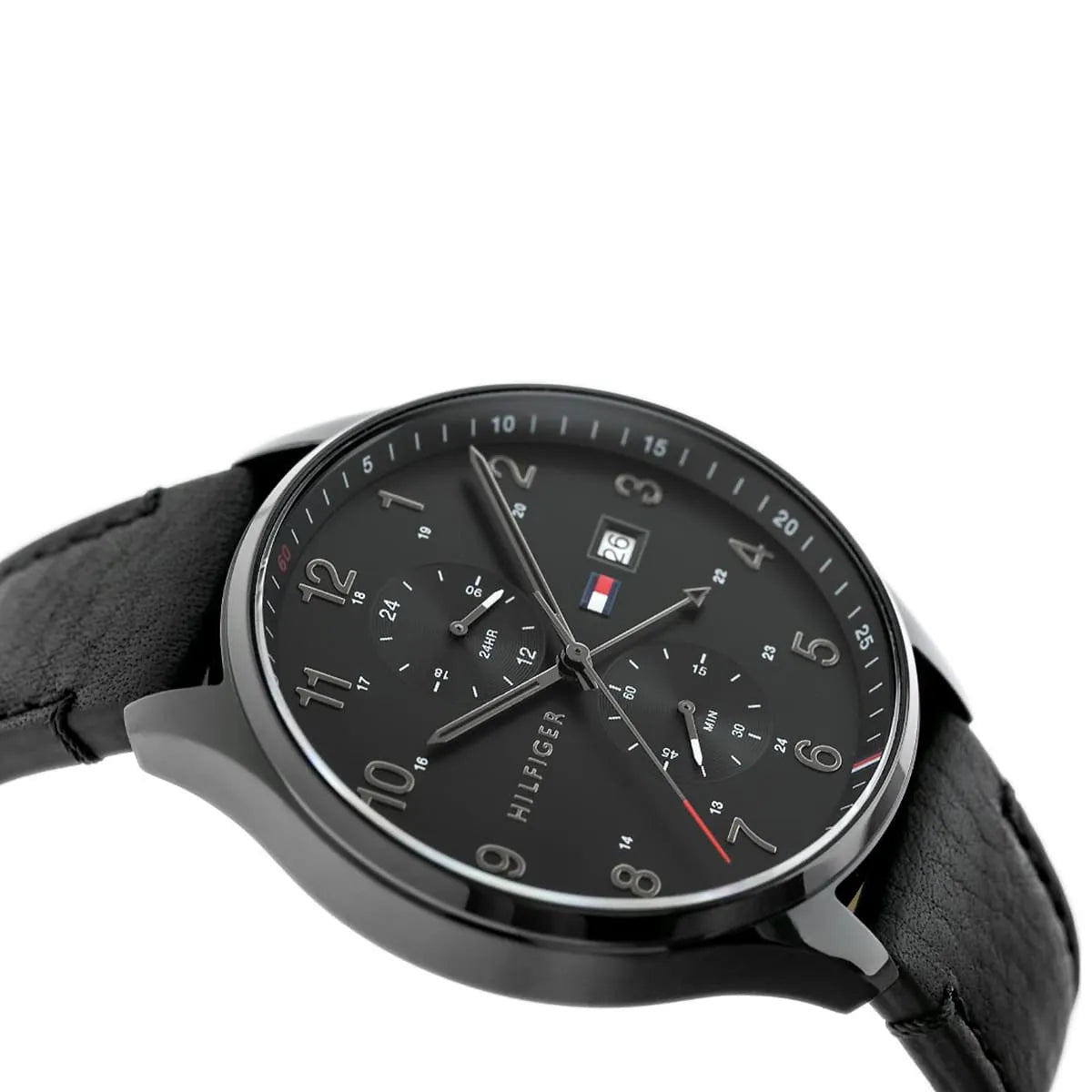 Close-up of Tommy Hilfiger West chronograph dial with multiple subdials and Arabic numerals