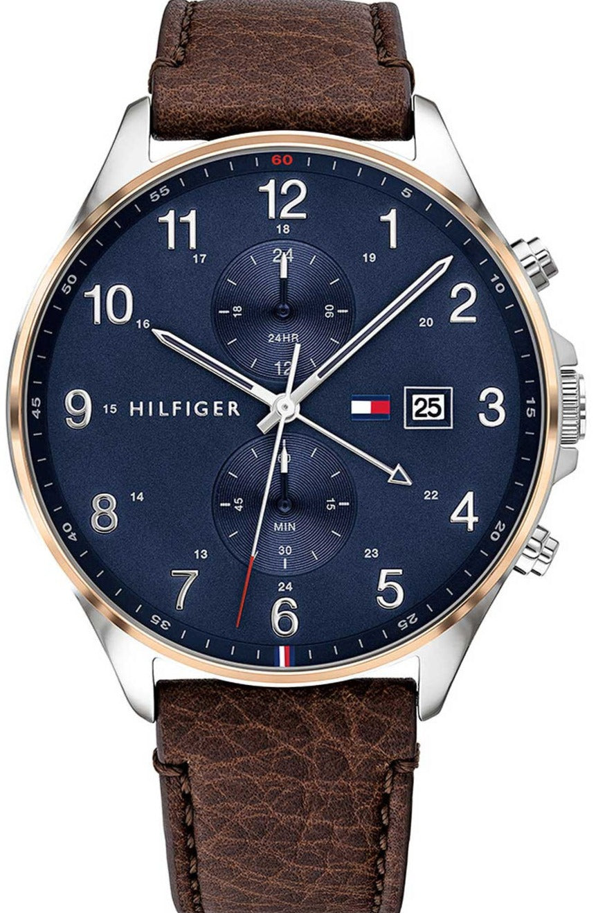 Tommy Hilfiger West chronograph watch with blue dial and brown leather strap