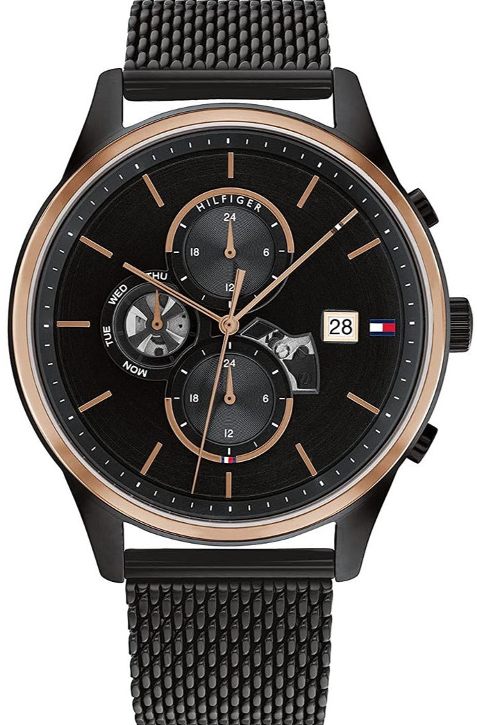 Tommy Hilfiger Weston 1710505 men's black dial chronograph watch with rose gold bezel and black mesh strap