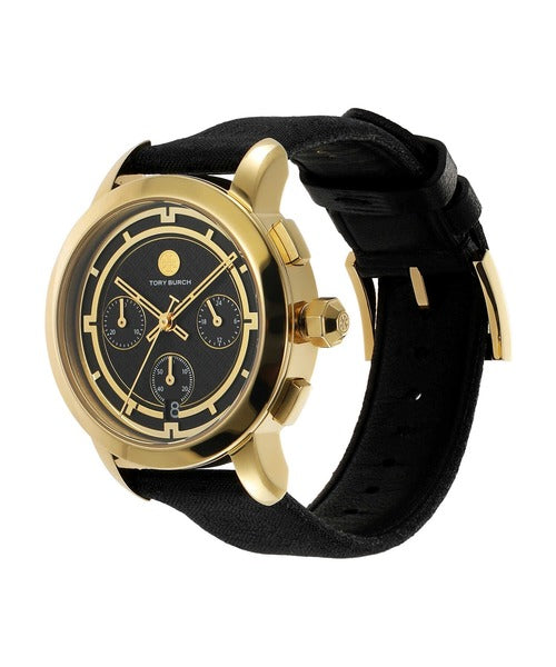 Three-quarter view of gold-tone chronograph watch with black monogram jacquard leather strap