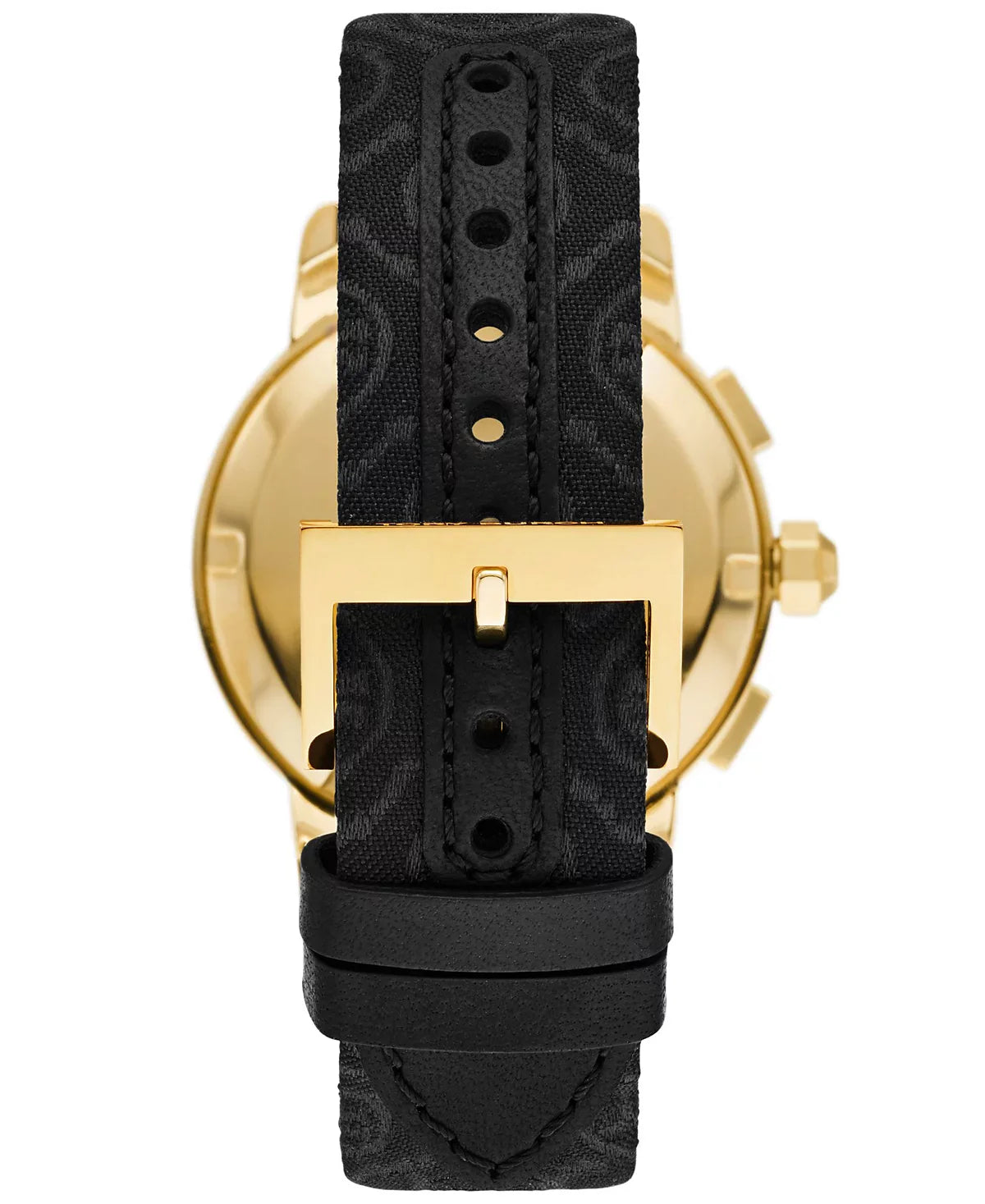 Watch caseback showing gold-tone case with Tory Burch branding and black leather strap