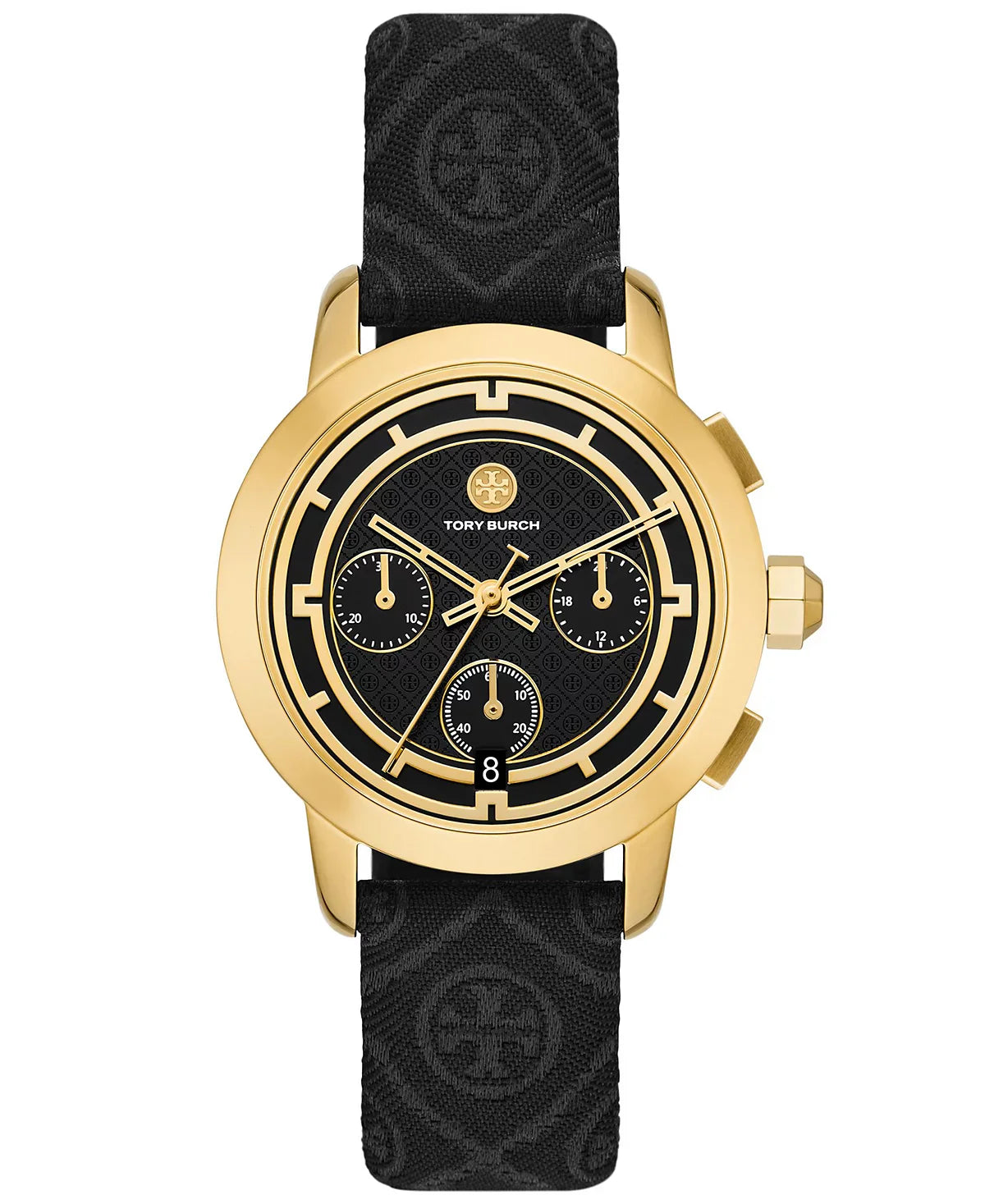 Gold-tone chronograph watch with black monogram jacquard leather strap and three subdials
