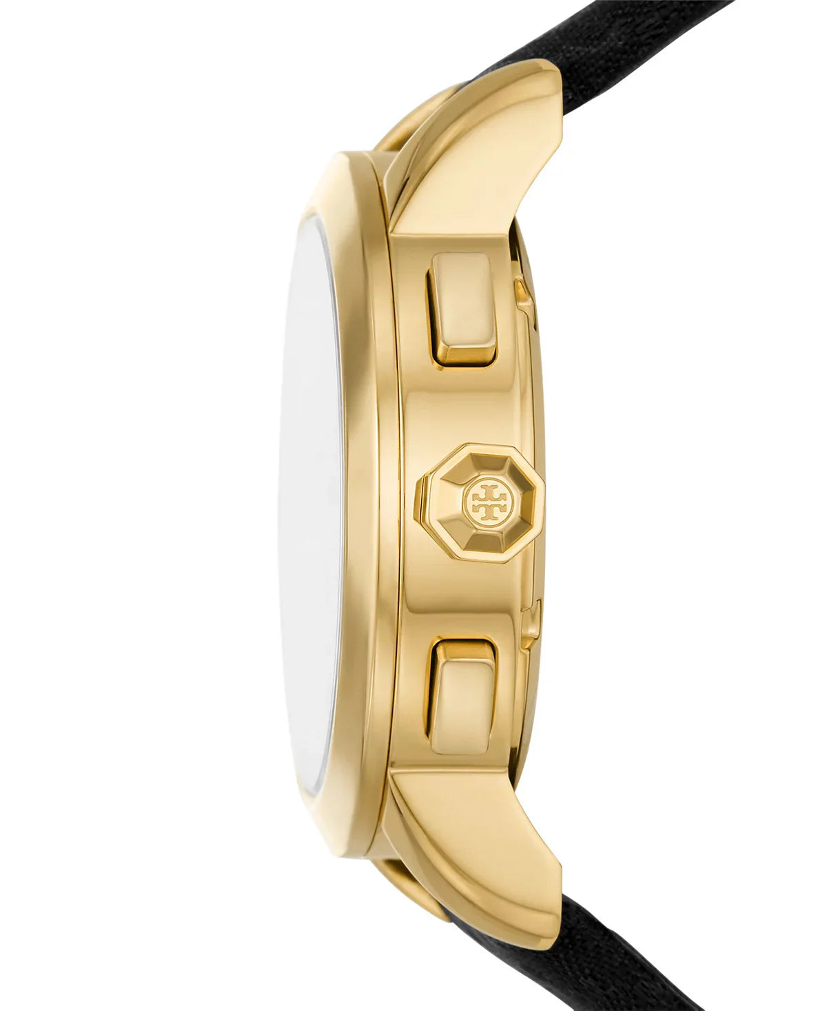 Gold-tone watch side view showing chronograph pusher and black jacquard leather strap