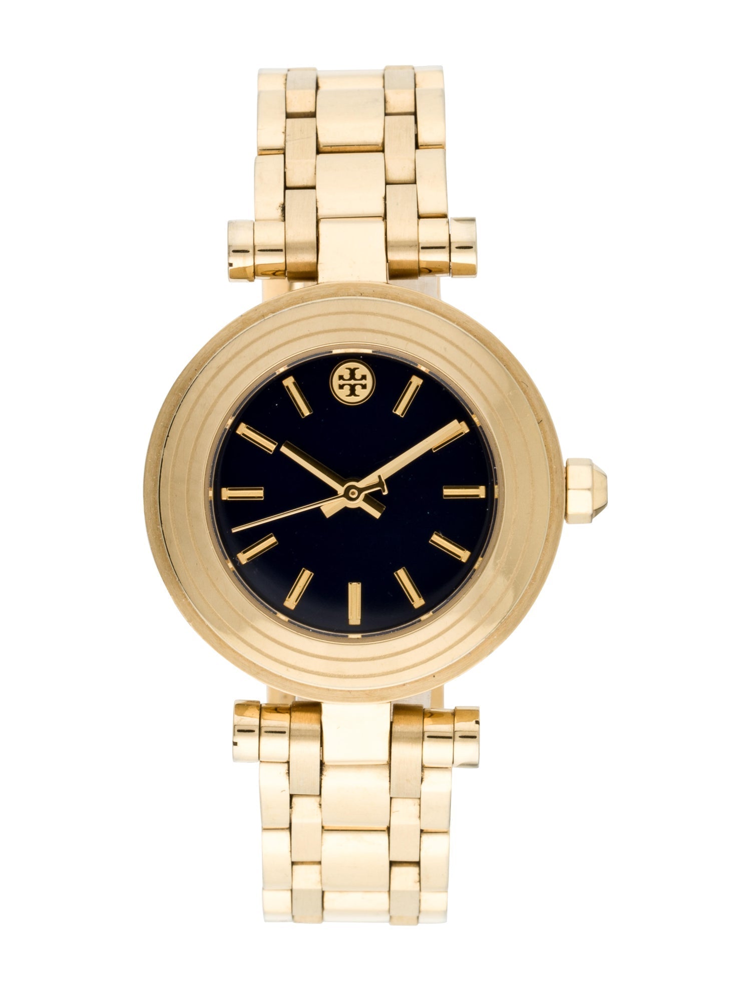 Tory Burch Classic T gold-tone watch with black dial and gold hour markers, gold metal bracelet